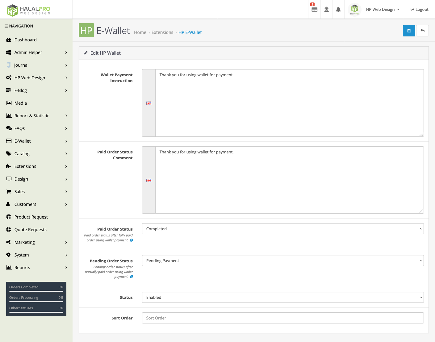 enable the wallet as payment method on opencart
